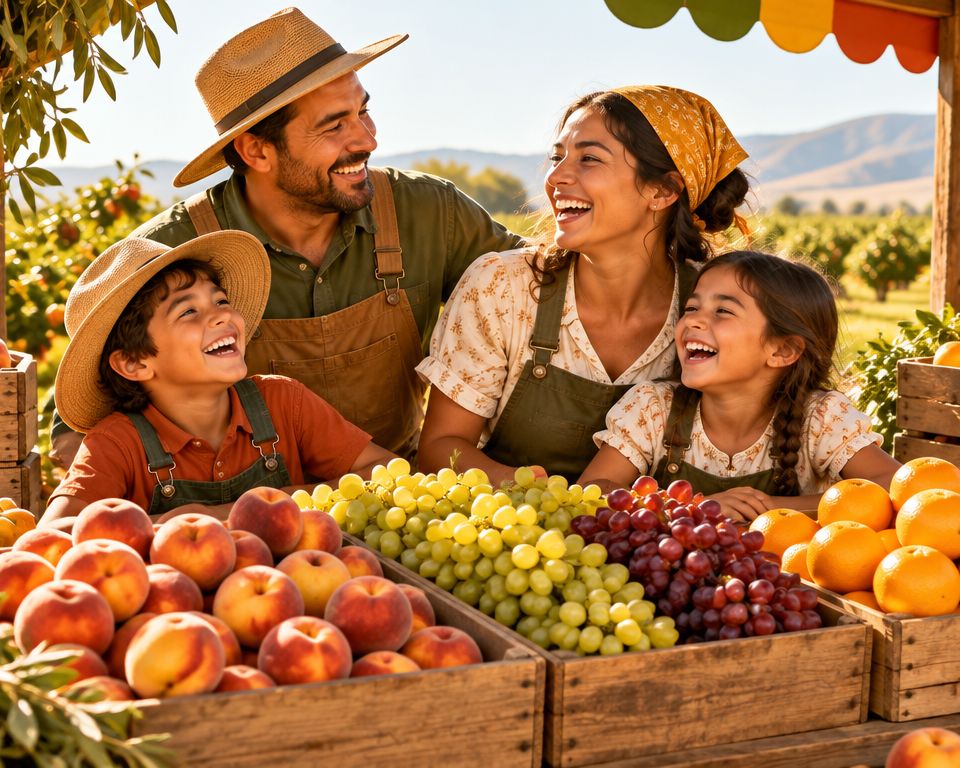 A family laughing at a farm stand full of fresh fruit