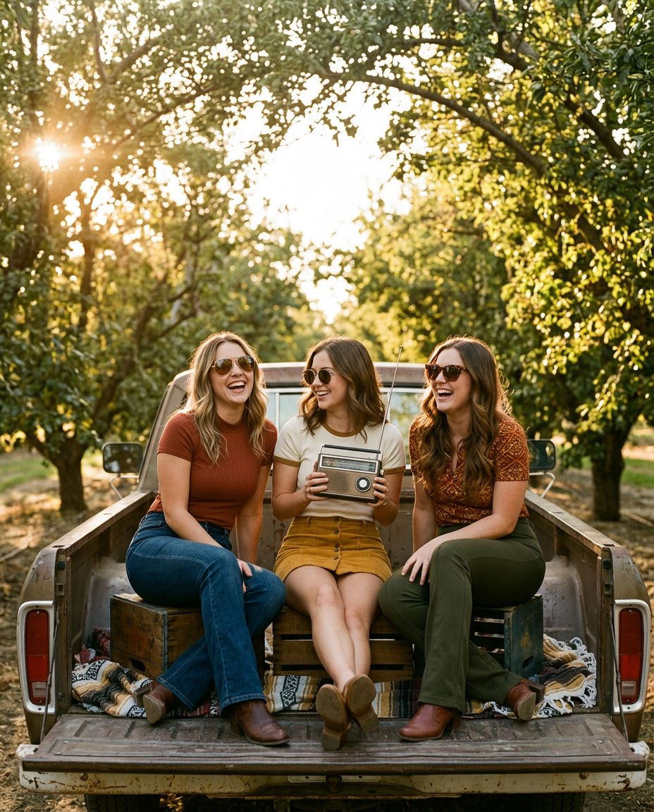 Friends laughing in a vintage truck in an orchard at golden hour
