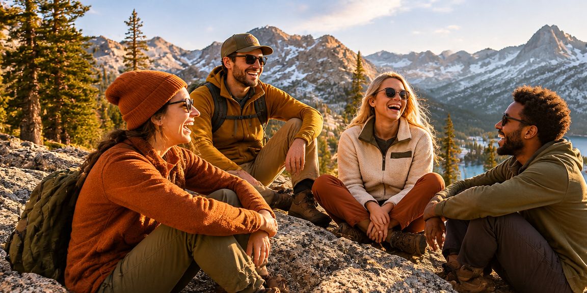 Friends laughing at a granite lake overlook in the Sierra